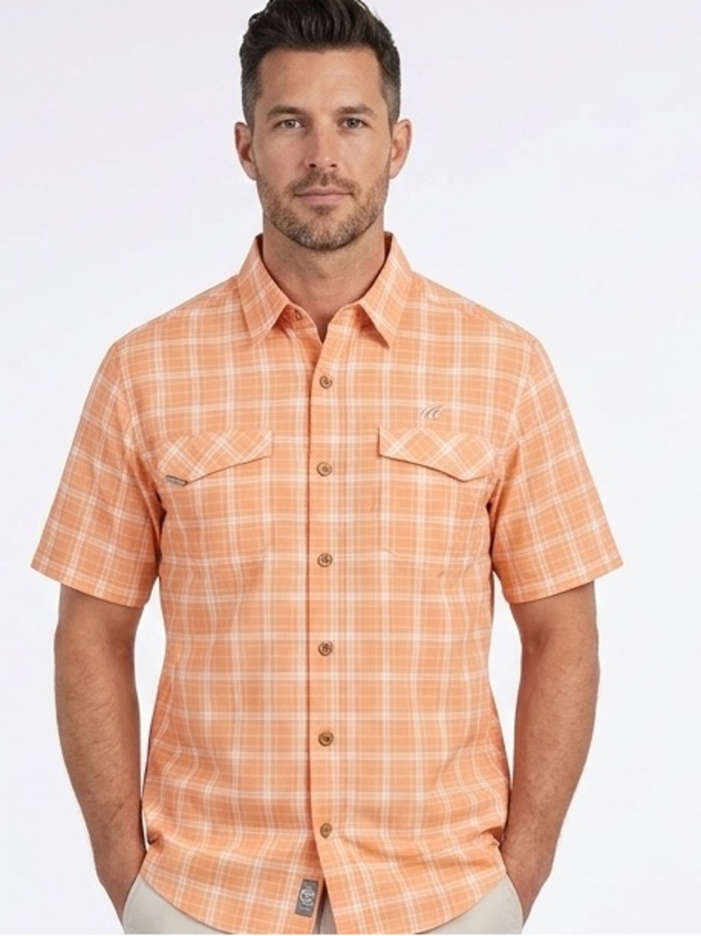 ⁠Mojo Sportwear Mens Orange Plaid Short Sleeve Fishing Button Down Shirt M